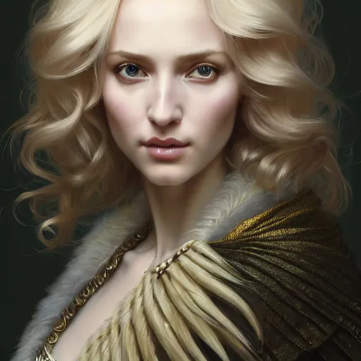 Image similar to portrait painting of a beautiful blonde lady with a kind face wearing a feathered cloak and a fancy dress, ultra realistic, concept art, intricate details, eerie, highly detailed, photorealistic, octane render, 8 k, unreal engine. art by artgerm and greg rutkowski and charlie bowater and magali villeneuve and alphonse mucha