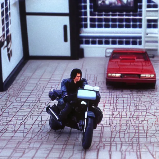 Prompt: beautiful hyperrealism three point perspective film still of Keanu Reeves as neo aiming two uzi at agent smith in a nice oceanfront promenade motorcycle chase scene in Matrix meets ronin(1990) extreme closeup portrait in style of 1990s frontiers in translucent porclein miniature street photography seinen manga fashion edition, miniature porcelain model, focus on face, eye contact, tilt shift style scene background, soft lighting, Kodak Portra 400, cinematic style, telephoto by Emmanuel Lubezki