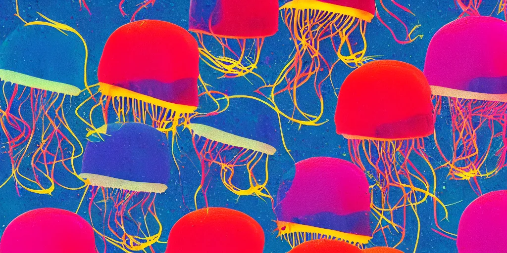 Image similar to hamburger mix jellyfish, cg, 8 k, surrealistic, sharp focus, super resolution, style by andy warhol