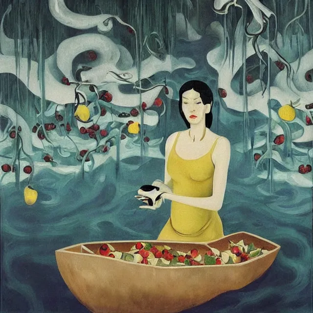 Image similar to tall female catgirl artist holding vegetables in her flooded kitchen, pomegranates, octopus, water gushing from ceiling, painting of flood waters inside an artist's apartment, a river flooding indoors, candles, ikebana, zen, rapids, waterfall, black swans, canoe, berries, acrylic on canvas, surrealist, by magritte and monet