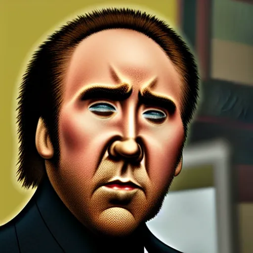 Prompt: Nicolas Cage wearing prosthetic makeup for a live action winnie the pooh movie