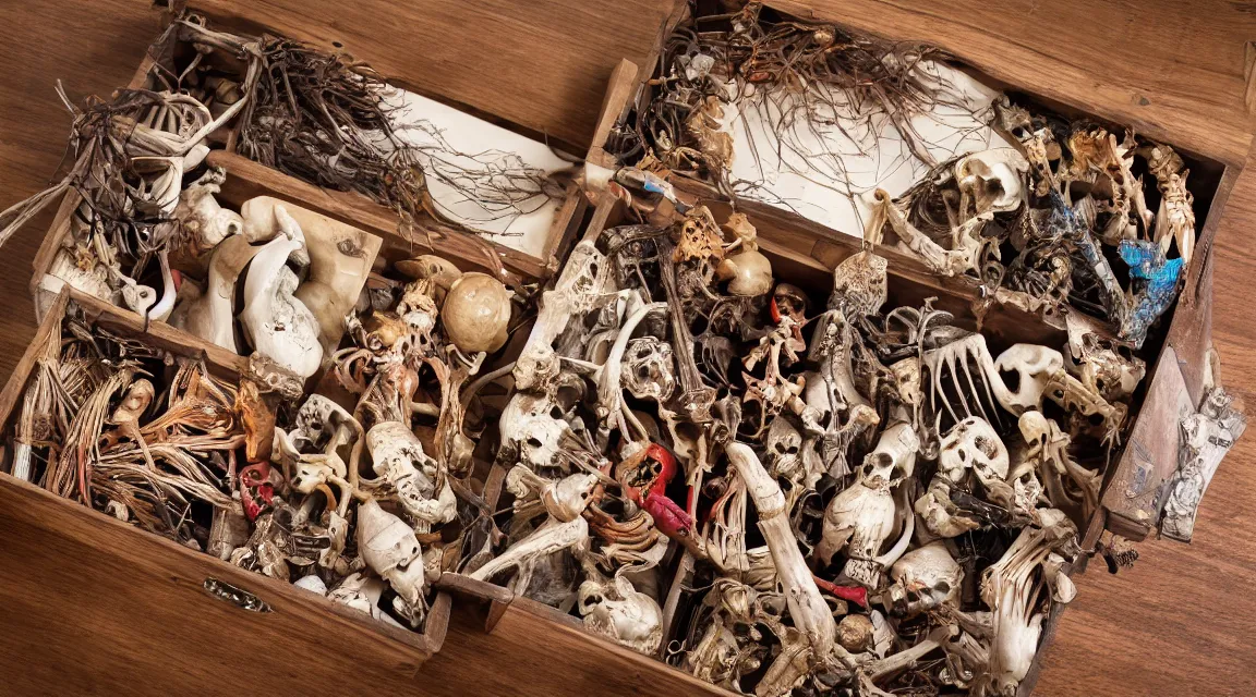 Image similar to wooden box with cabinet of curiosities neatly ordenend with duck skeleton bones and living worms, photo realistic, professional photo, by Steve McCurry