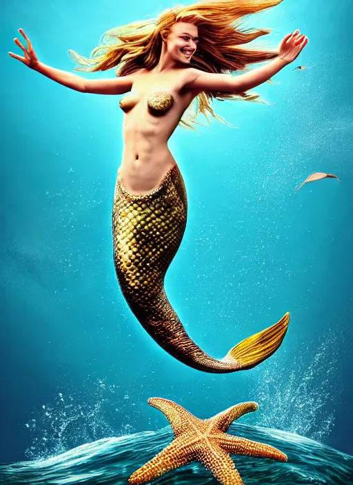 Image similar to mermaid jumping on a starfish, realistic, sharp focus, 8 k high definition, concept art, insanely detailed, intricate, elegant
