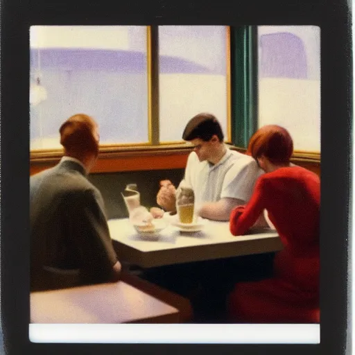 Image similar to a polaroid photo of people at a diner, Edward Hopper composition, detailed, hq, lens flare, realistic