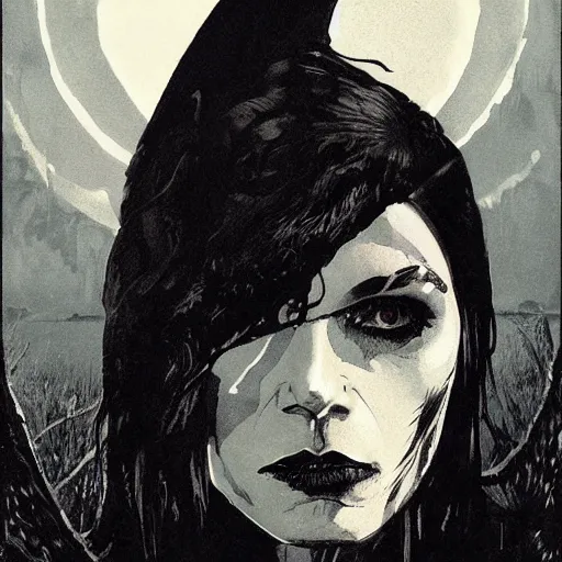 Image similar to portrait of a scandinavian holy undead witch female with animal horns, satanic kvlt by peder balke by peder balke by greg rutkowski, by guido crepax by norman bluhm mystic high contrast monochromatic noir