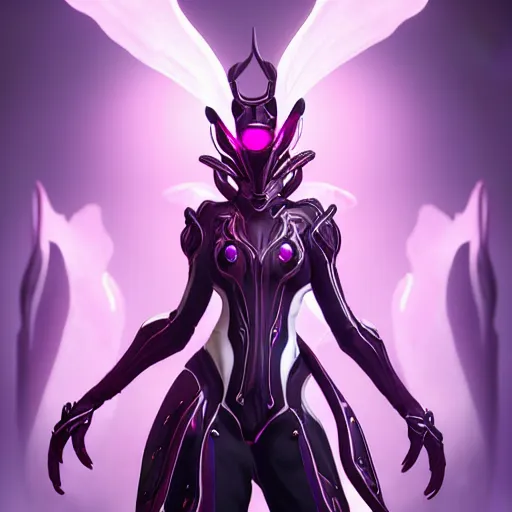 Image similar to highly detailed exquisite fanart, ant pov, of a beautiful female warframe, standing elegantly, shining reflective off-white plated armor, slick elegant design, bright Fuchsia skin, sharp claws, close full body shot, epic cinematic shot, realistic, professional digital art, high end digital art, DeviantArt, artstation, Furaffinity, 8k HD render, epic lighting, depth of field