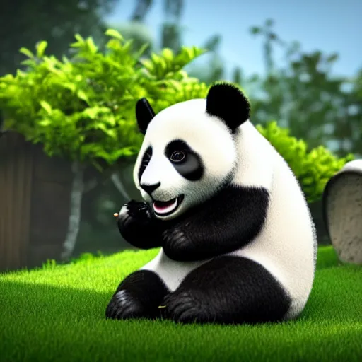 Prompt: a panda lawnmowing in his garden, cinematic, ray traced, octane render, cinematic lighting, ultrarealistic, featured on artstation, 8 k uhd artwork