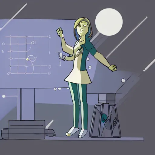 Image similar to a female scientist with a futuristic cyborg arm drawn in american animation style