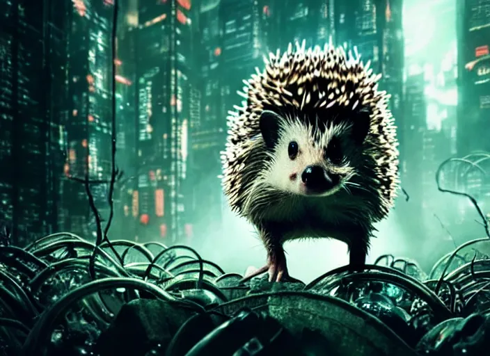 Image similar to portrait of a intricate hedgehog cyborg, on the background of a weird magical mechanical forest. Very detailed 8k. Fantasy cyberpunk horror. Sharp. Cinematic post-processing.