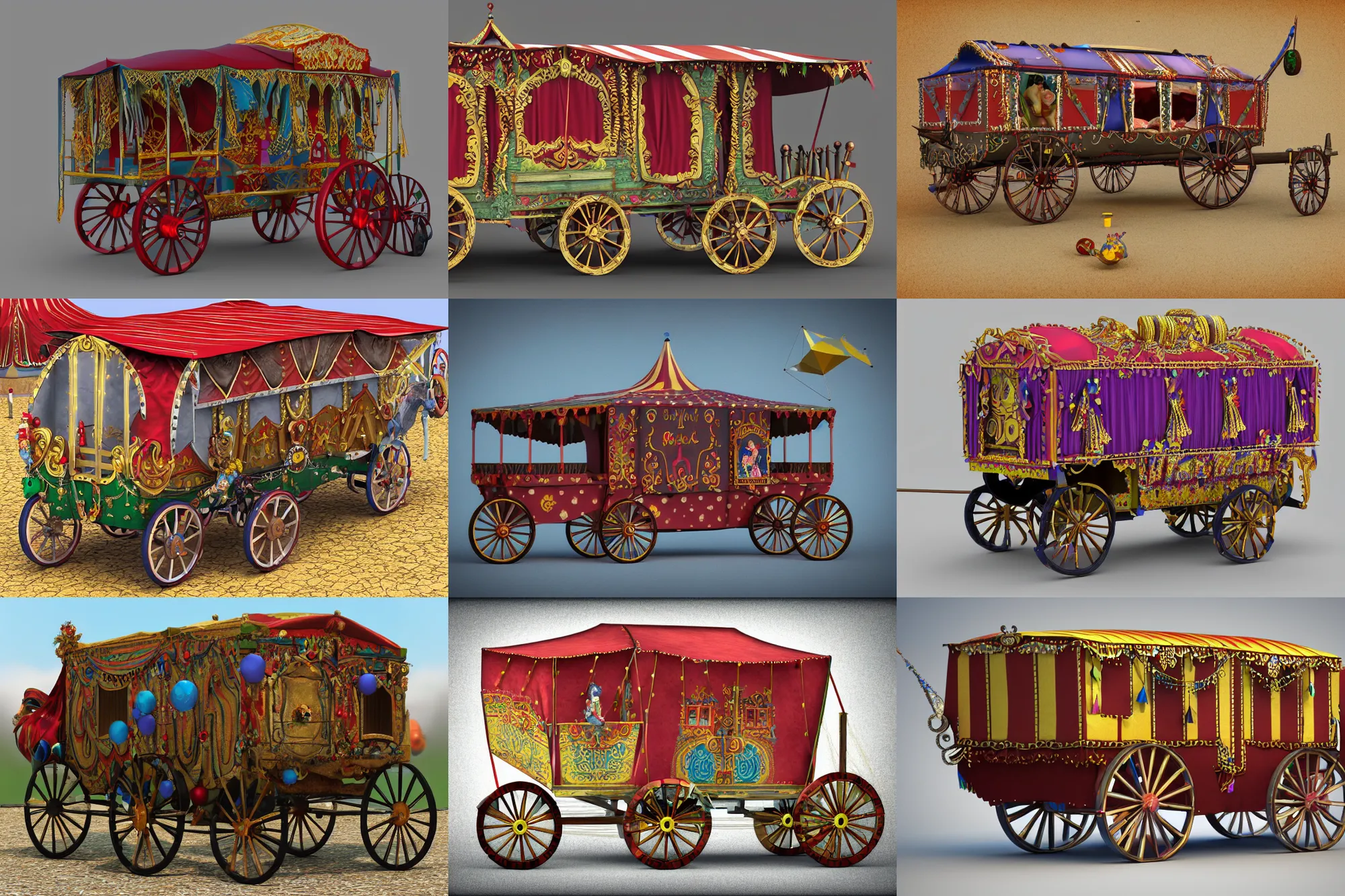 Prompt: 3d render of a gypsy circus wagon, artstaton, digital illustration
