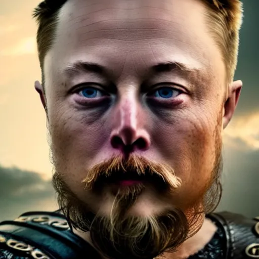 Prompt: elon musk as ragnar lothbrok in viking still from tv - series portrait tattooed face blue eyes close up looking in camera