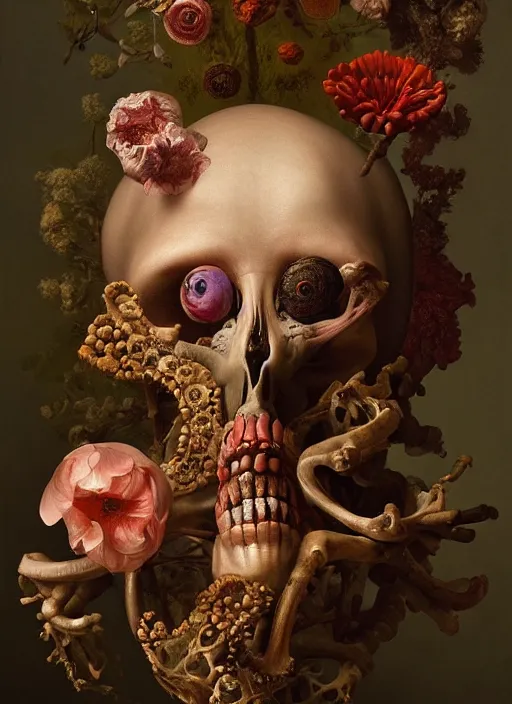 Image similar to strange, looming head, biomorphic painting of a woman with large eyes, flowers and bones, deep rich colours by, rachel ruysch, and charlie immer, highly detailed, emotionally evoking, head in focus, volumetric lighting, oil painting, timeless disturbing masterpiece