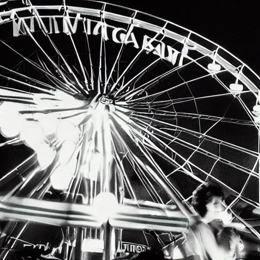 Image similar to nostalgic 8 0 s nikon photo of a young couple waiting in line by a ferris wheel, sunset, small town carnival in the midwest