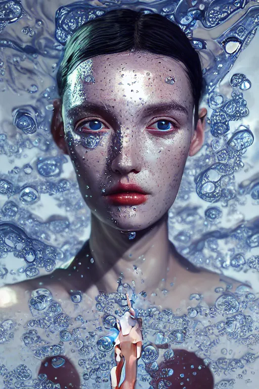 Prompt: 3 d, close - up, frown fashion model, liquid metal and milk, vogue cover style, poster art, hyper detail, intricate oil painting, multiple exposure, stanley kubrick mood, 3 d by tooth wu and wlop and beeple and greg rutkowski