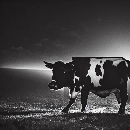 Prompt: closeup, a cow flying at night, flashlight, creepy, cinematic dramatic atmosphere, smooth, sharp focus, cinematic shot, movie scene, horror movie