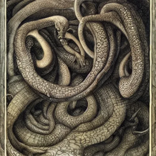 Image similar to the jumbled dreams of serpents, by M.C. Escher, by Santiago Caruso, oil on canvas, beautiful, eerie, surreal, colorful
