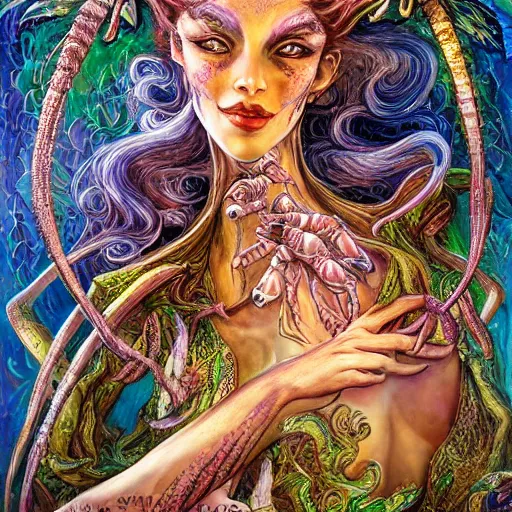 Image similar to portrait of a scorpion fairy, fantasy, whimsical, horror, art by josephine wall and and hr geiger and chengwei pan, intricately detailed, highly detailed, luxurious, elegant, clean, unsettling, trending on artstation