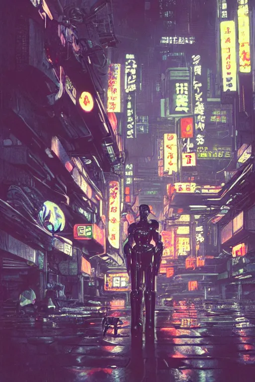 Image similar to cinematic 3 5 mm photo of ancient overgrown cyberpunk tokyo with robot by syd mead, night, rain, flowers, beautifully lit, hyperdetailed, unreal engine, photorealistic