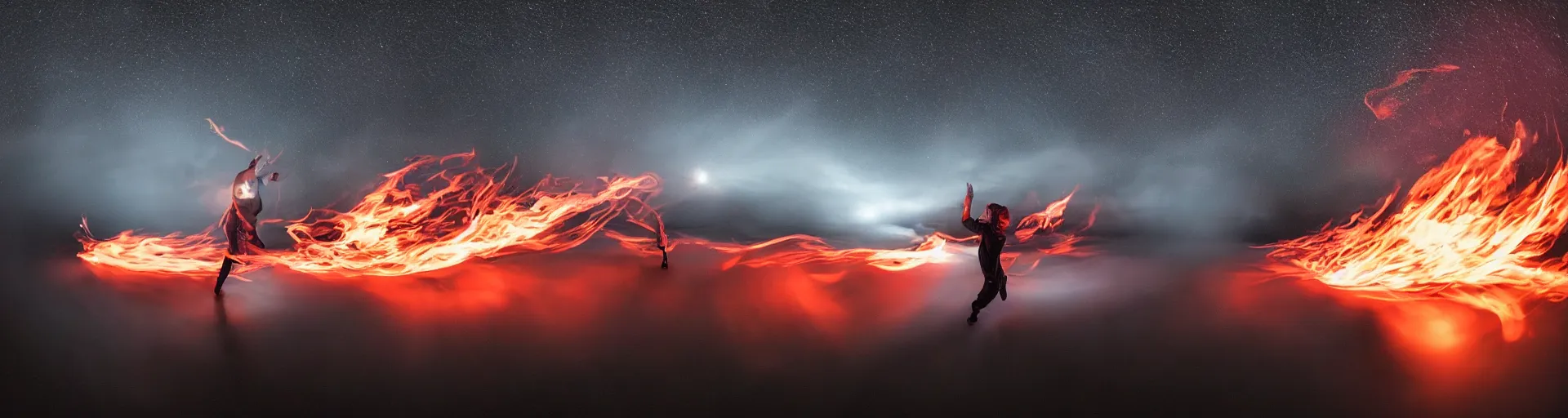 Image similar to fisheye slow motion with trail fire effect of break dancer wearing long dark cloak, Giant A letter emitting fire, long exposure shot , enigmatic, at night in the middle of the arctic, paddle of water, steam, fog, water splashes, rim lights, glossy reflections, water droplets on lens, octane render, Volumetric dynamic lighting, stunning cover magazine, high details,