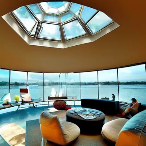 Prompt: underwater glass dome house, comfy living room