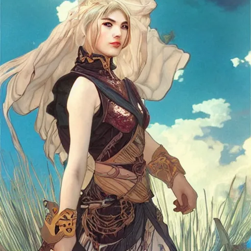 Image similar to breathtaking epic fantasy comic book style portrait of a sensual female fighter in epic fantasy arena,, sunny weather, intricate, matte, sharp focus, illustration, art by Artgerm and Hsiao-Ron Cheng and Alphonse Mucha,, RPG portrait