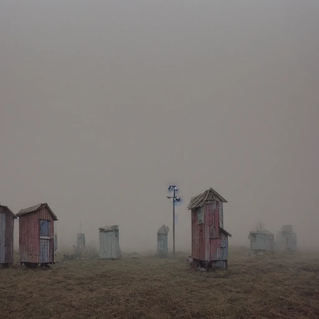 Prompt: two towers, made up of makeshift squatter shacks with pastel colours, uneven dense fog, dystopia, mamiya, f 1 1, fully frontal view, photographed by jeanette hagglund