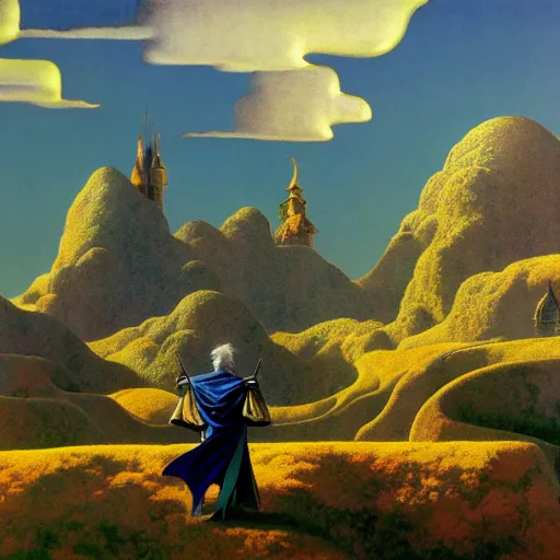 Image similar to a magical wizard in front of a big and structured landscape of a big and structured fantasy kingdom city by Maxfield Parrish, digital art 8k, trending on artstation, anime, unreal engine