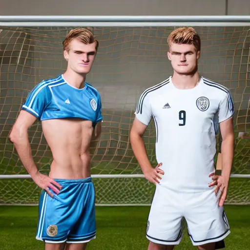 Image similar to a realistic detailed photo of a guy who is an attractive humanoid who is half robot and half humanoid, who is a male android, soccer players martin ødegaard & timo werner, shiny skin, posing like a statue, blank stare, in a factory, on display, showing off his muscles, gold soccer shorts, side view, looking at each other mindlessly