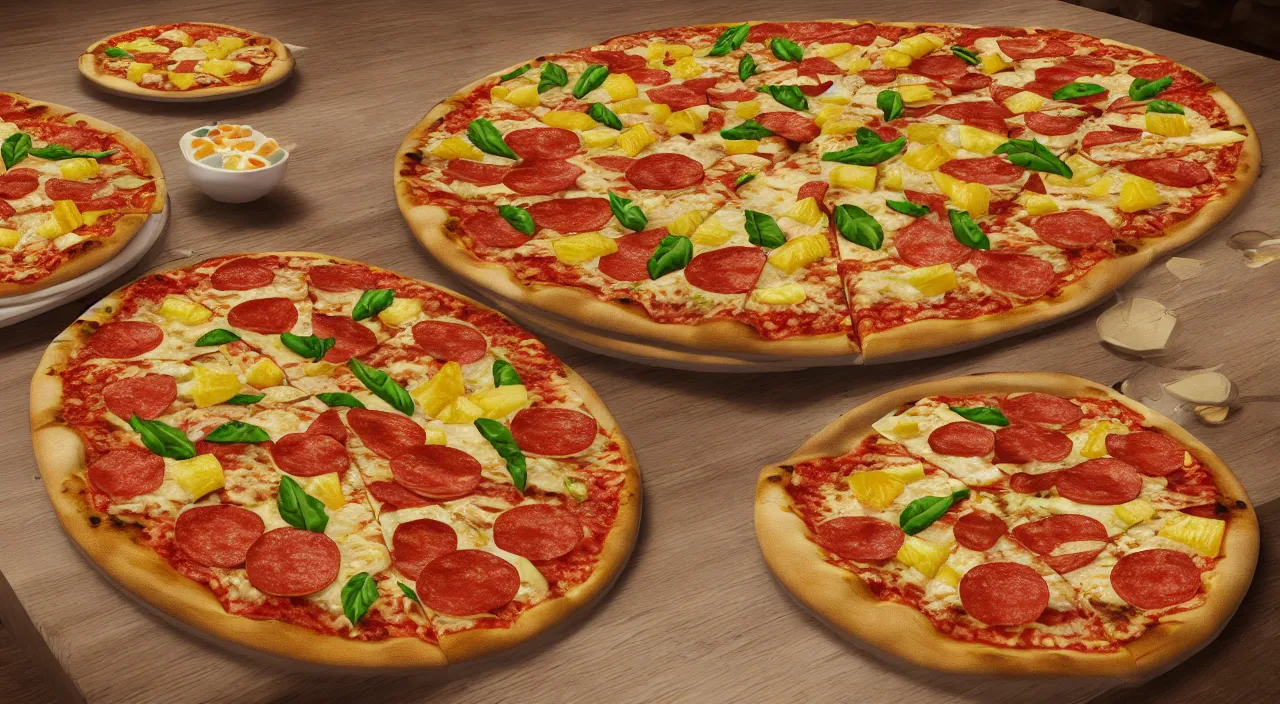 Prompt: one round tasty pizza on a plat in a restaurant with pineapple and ham, the restaurant is at the coast of italy, ultra realistic, artstation