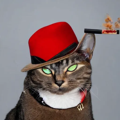 Image similar to A Cat with Red eyes and fedora hat while holding a Glock and smoking weed