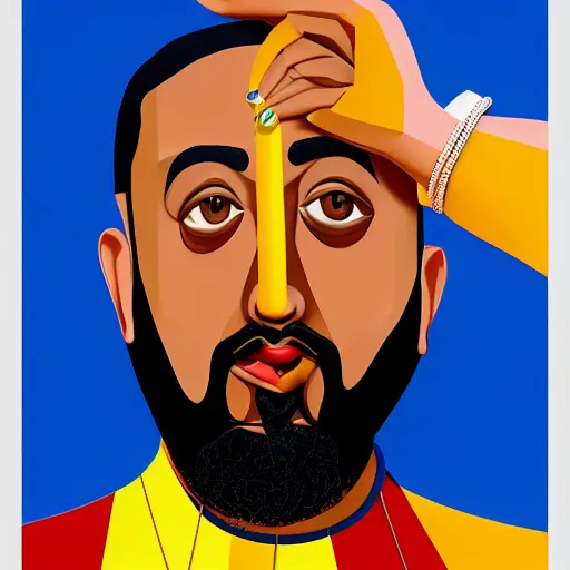 Image similar to ultra realistic portrait of dj khaled in a studio, ultra detailed, under blue, red and yellow cinematic lighting, salvador dali, cartoon, monument valley, escher