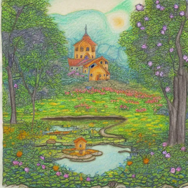 Image similar to monastery in a forest flower meadow with a pond landscape, colored pencil drawing
