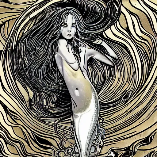 Image similar to gold and silver tones, mermaid, style of moebius, james jean, rutkowski, mcbess, cinematic, high detail, award winning, 8 k photorealistic