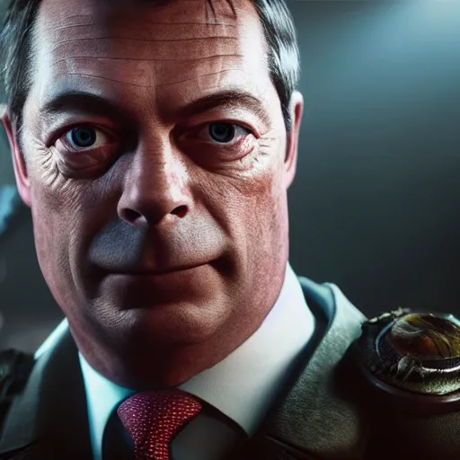 Image similar to Portrait of Nigel Farage in Gears of War, splash art, movie still, cinematic lighting, dramatic, octane render, long lens, shallow depth of field, bokeh, anamorphic lens flare, 8k, hyper detailed, 35mm film grain