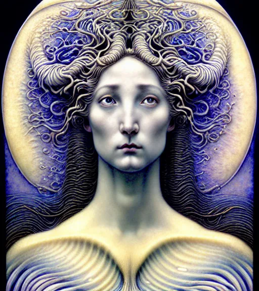 Image similar to detailed realistic porcelain beautiful moon goddess face portrait by jean delville, gustave dore, iris van herpen and marco mazzoni, art forms of nature by ernst haeckel, art nouveau, symbolist, visionary, gothic, neo - gothic, pre - raphaelite, fractal lace, intricate alien botanicals, ai biodiversity, surreality, hyperdetailed ultrasharp octane render