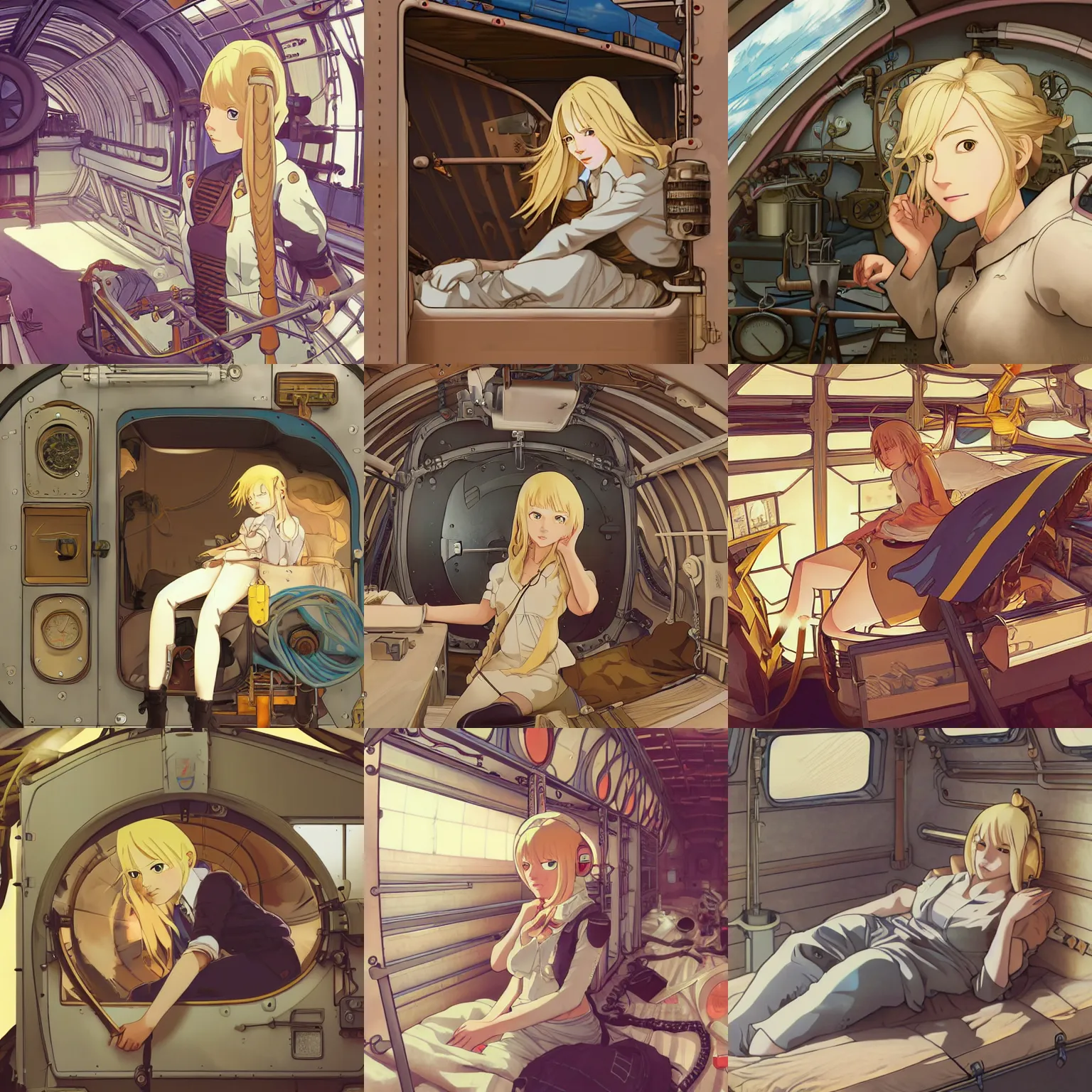 Prompt: Blonde female airship mechanic waking up in her cramped bunk, steampunk, defined facial features, highly detailed, illustration, Makoto Shinkai and Studio Ghibli anime screenshot, by Ilya Kuvshinov and Alphonse Mucha