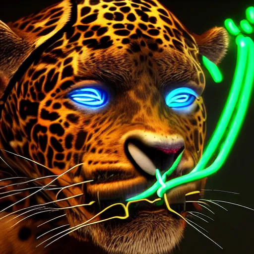 Image similar to portrait of a neon cyberpunk cyborg jaguar animal, octane render