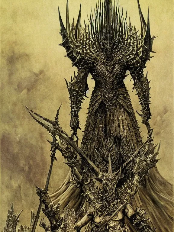 Prompt: A spiked horned semiork-semihuman with armored joints stands in a large throne room with sword in hand. Massive shoulderplates. Extremely high details, realistic, fantasy art, solo, masterpiece, saturated colors, art by Zdzisław Beksiński, Arthur Rackham, Dariusz Zawadzki