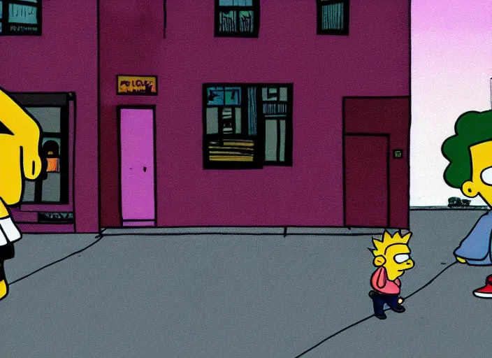 Image similar to a person walking down a road with a child, an album cover by matt groening, trending on tumblr, naive art, criterion collection, vaporwave, seapunk