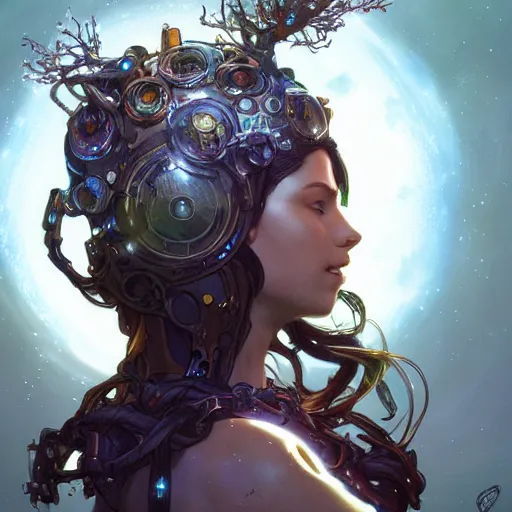 Image similar to cyborg druid entanglement milky way, epic lighting, sketch illustration, ultra detailed, art by artgerm and greg rutkowski and alphonse mucha