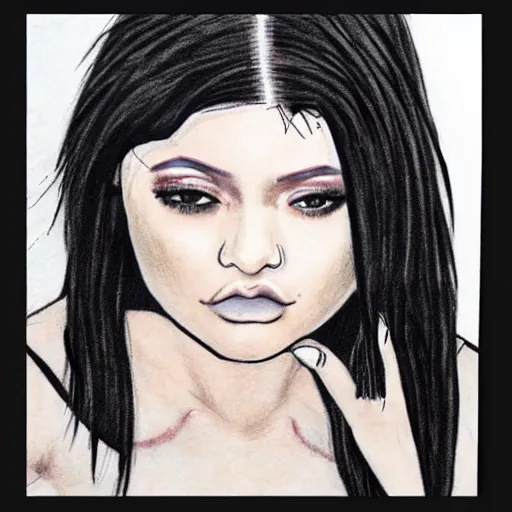 Prompt: grunge drawing of kylie jenner in the style of the grudge