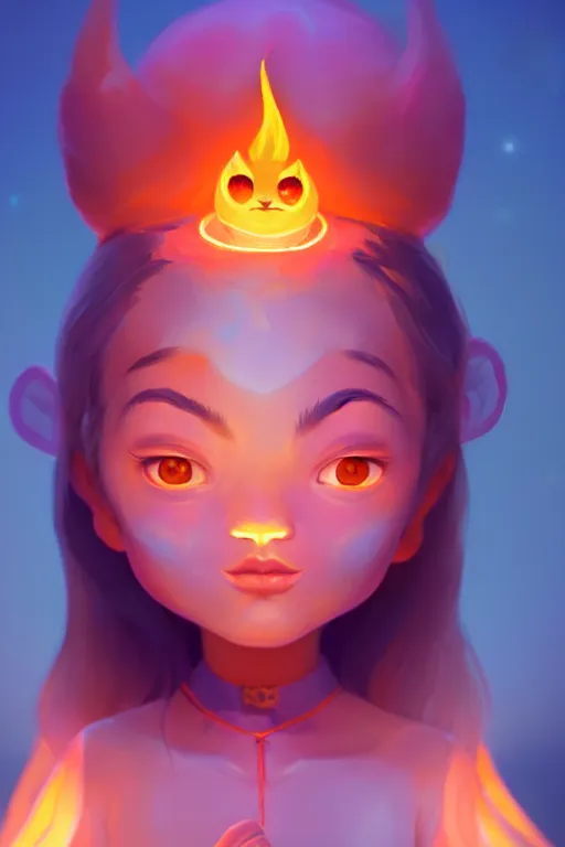 Image similar to super cute Bioluminescent Fire deity character concept, single head, no double head, soft light, soft mood, realistic body features and face, illustration, painting oil on canvas by Elena Zhurikhina and Goro Fujita and Charlie Bowater, octane render trending on artstation, 4k, 8k, HD