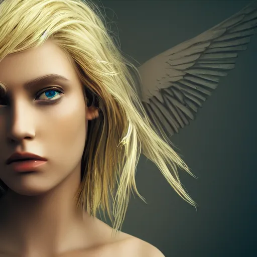 Prompt: very pretty blond female angel with wings, shallow depth of field, moody lighting, 8 k, concept art, wide angle,