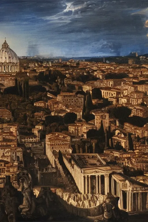 Image similar to Rome city, oil on canvas, extremely detailed, artstation, by HR giger and Caravaggio