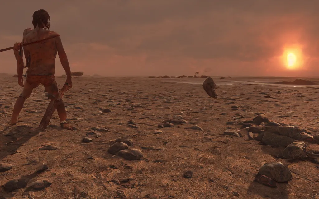 Image similar to waking up on the beach on rust video game with rock in hand, atmospheric, mist, epic, photorealistic, realistic, rule of thirds, extremely detailed, 4 k, 8 k, unreal engine 5 render, rim lighting, rtx, ray traced lighting, shot on 3 5 mm, film grain