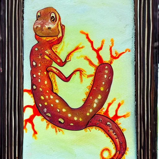 Prompt: fiery salamander alchemical painting