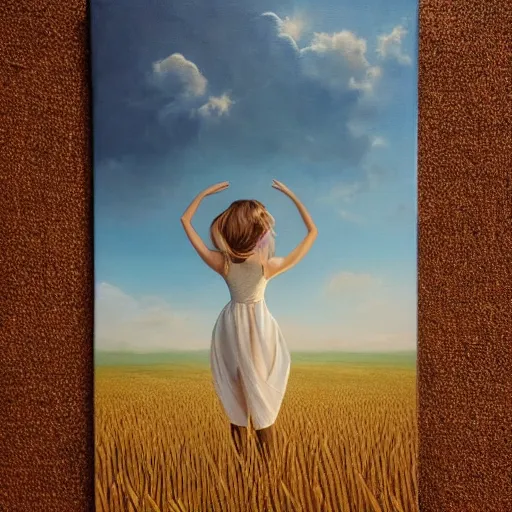 Image similar to close-up shot, a beautiful painting of a girl in a airy semi-transparent thin light dress standing in the glowing wheat fields, mystical setting, afternoon sun, long shadows, photo from the back, by Mark Ryden, artgerm, Bekzinski, WLOP, Felix Kelly and Ross Tran, trending on artstation