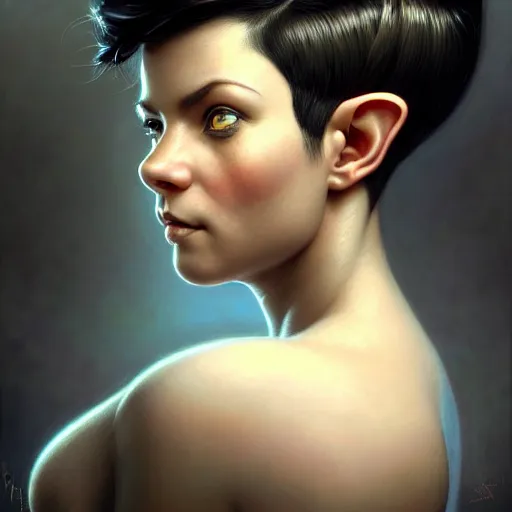 Image similar to portrait of a beautiful cute realistic determined female gnome engineer, black pixie undercut haircut, charming, intense stare, micro detail, intricate, elegant, highly detailed, centered, artstation, sharp focus, illustration, artgerm, tomasz alen kopera, peter mohrbacher, donato giancola, wlop