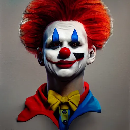 Image similar to full body pose, hyperrealistic mixed media painting of a seductive clown, dim volumetric lighting, 8 k, octane beautifully detailed render, extremely hyper detailed, intricate, epic composition, cinematic lighting, masterpiece, trending on artstation, very very detailed, masterpiece, stunning, hdr, smooth, sharp focus, high resolution, award, winning photo, dslr, 5 0 mm