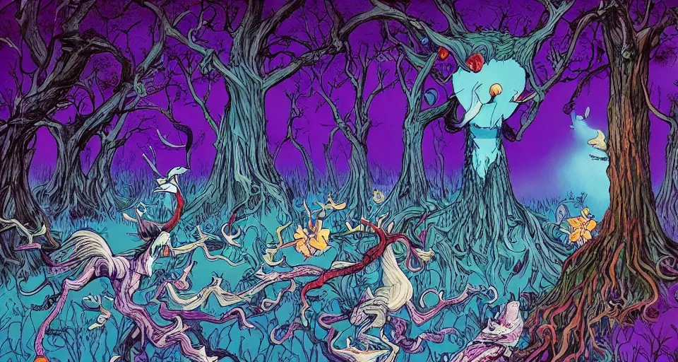 Image similar to Enchanted and magic forest, by alex pardee